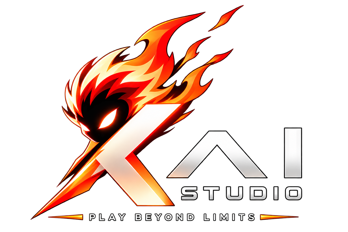 Logo KAI STUDIO phiên bản Blaze — nhân vật lửa cùng chữ K