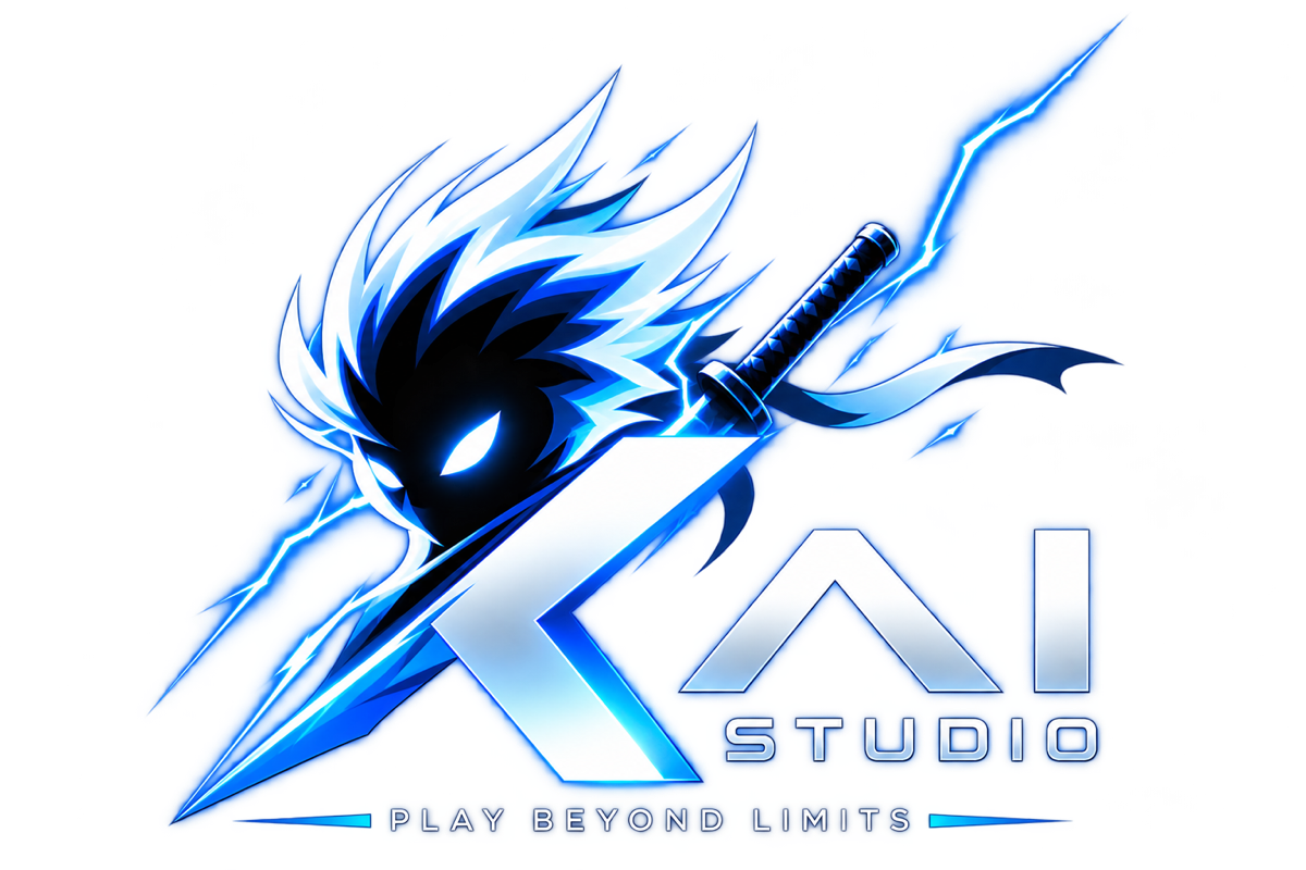 Logo KAI STUDIO phiên bản Raijin — nhân vật sấm sét cầm katana