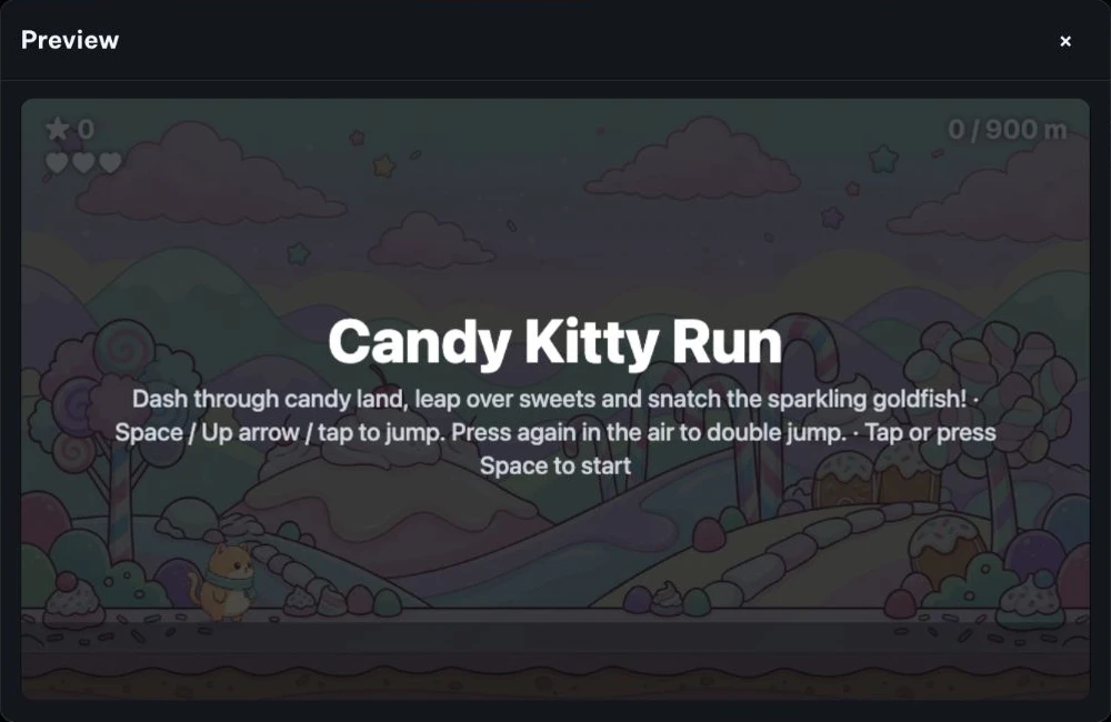 L’aperçu jouable de Candy Kitty Run. Testez les commandes, les collisions et les conditions de fin avant publication.