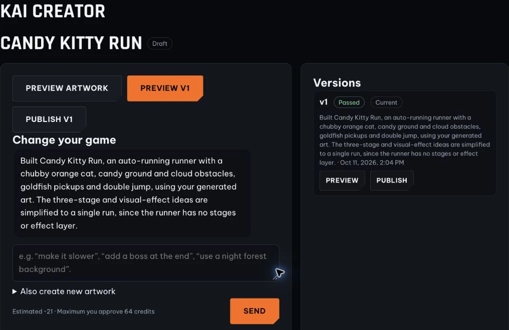 L’éditeur de Candy Kitty Run avec aperçu, publication et état des versions.