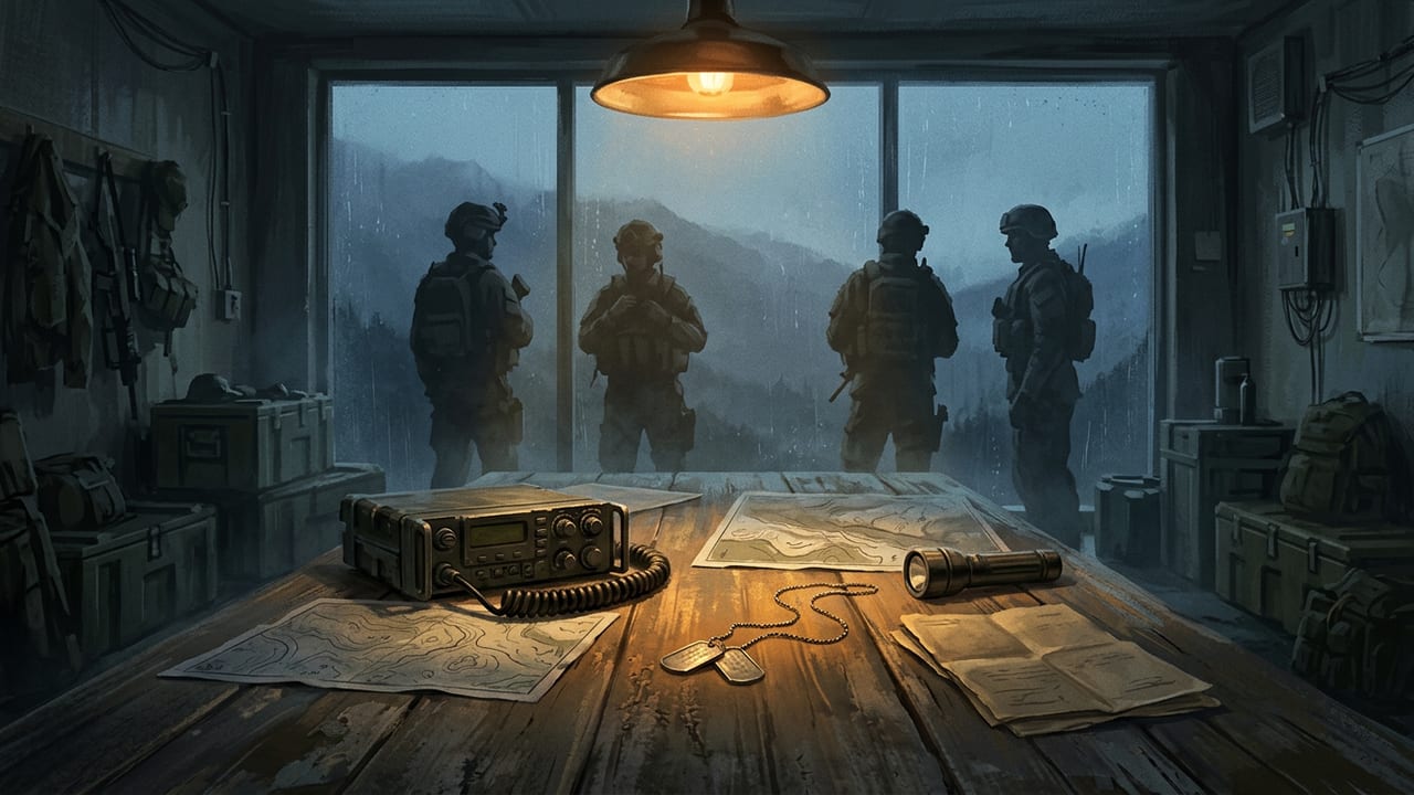 Illustration of a somber military briefing room with maps and dog tags on a table under warm light.