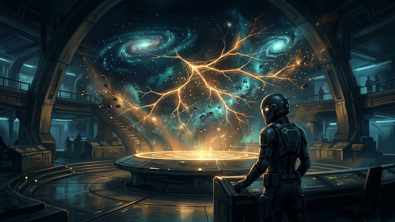 Illustration of a space operative looking at a holographic star map with branching timelines.