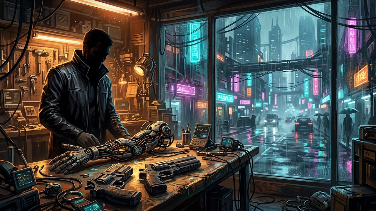 Illustration of a neon-lit futuristic street and a cybernetic arm workshop on a rainy night.