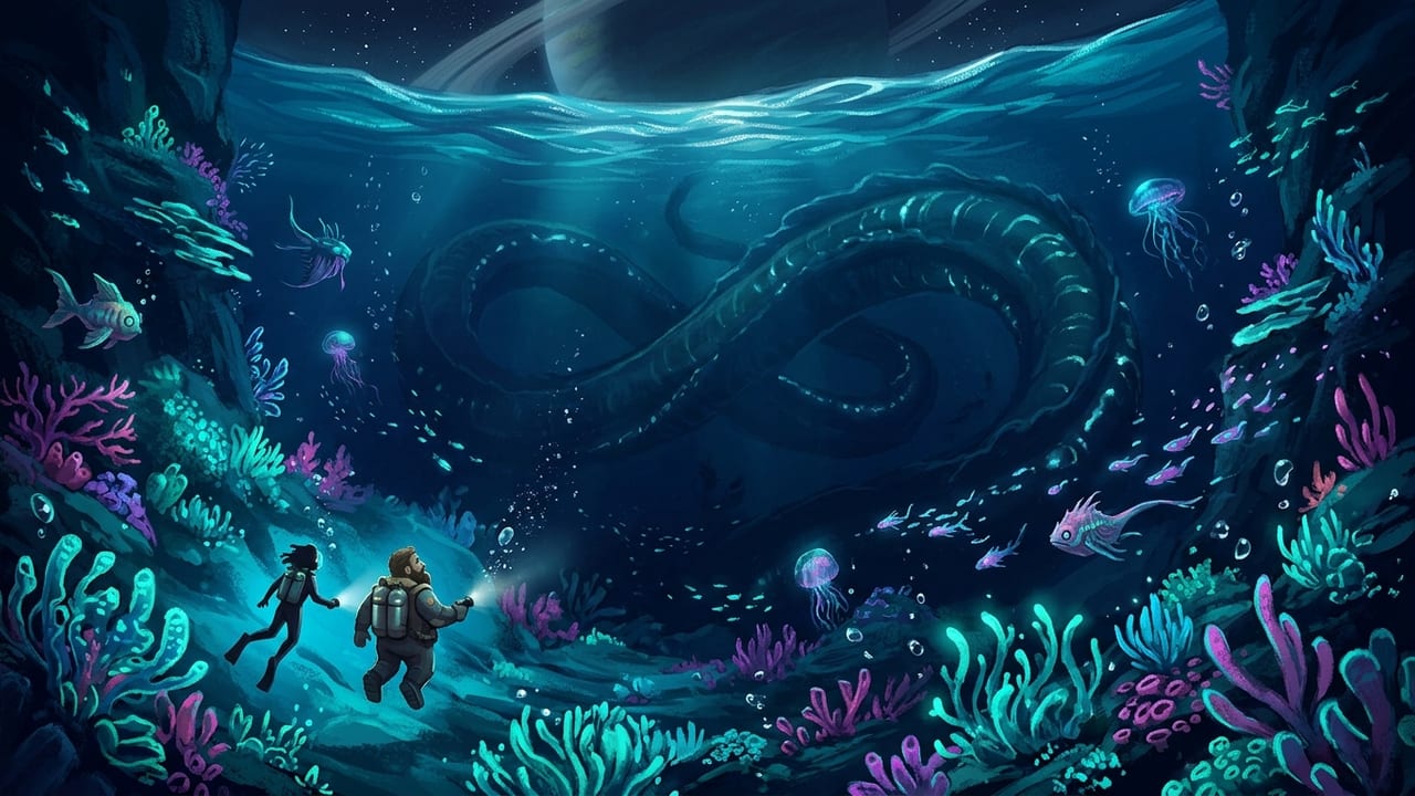 Two divers explore a glowing alien ocean as a giant sea creature looms in the dark blue depths