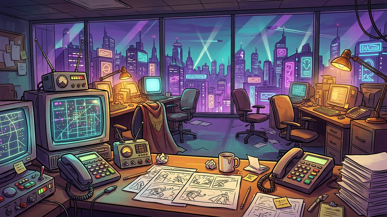 Illustration of a superhero dispatch office at night with headsets, city map monitors, and storyboard sketches