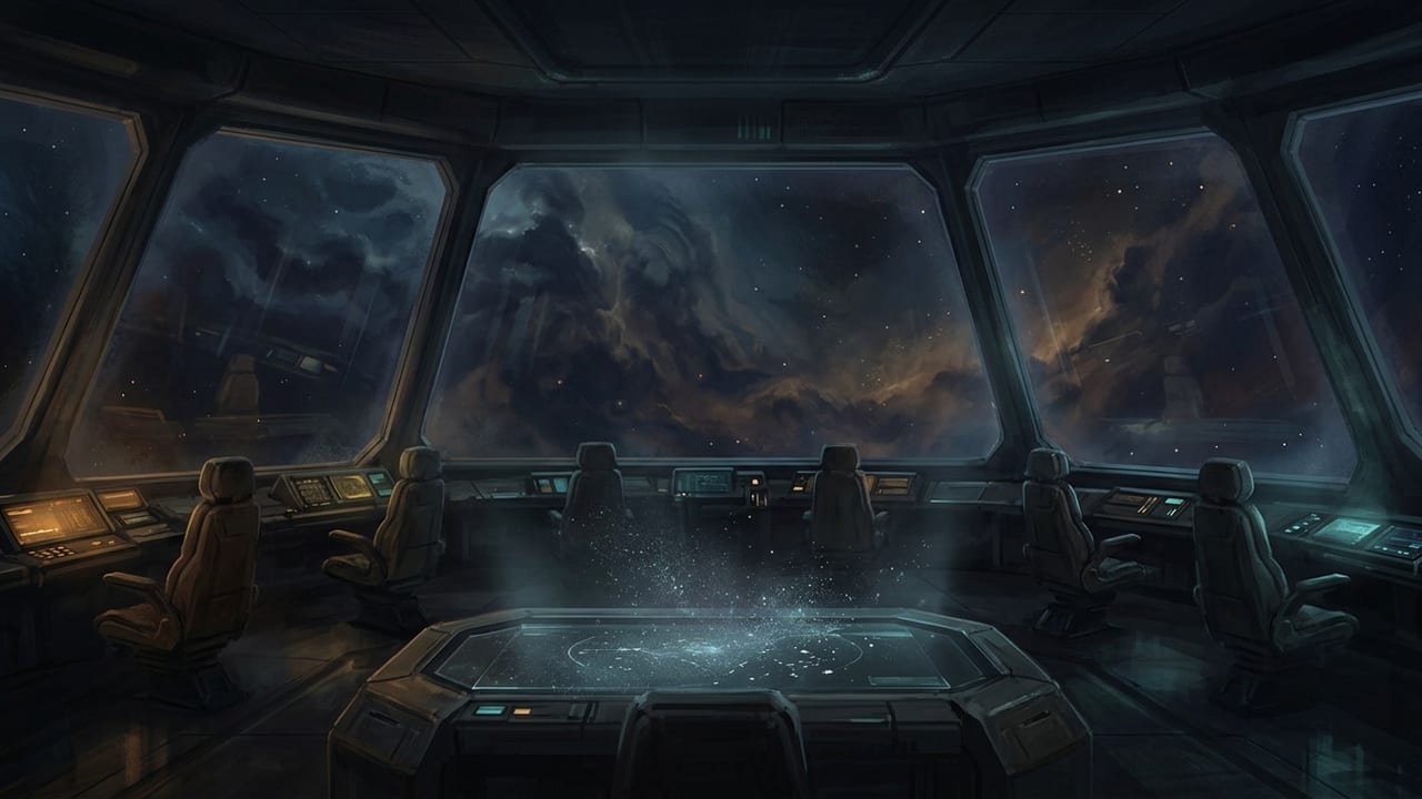 Illustration of a quiet starship command bridge overlooking a deep-space nebula with a fading star map.
