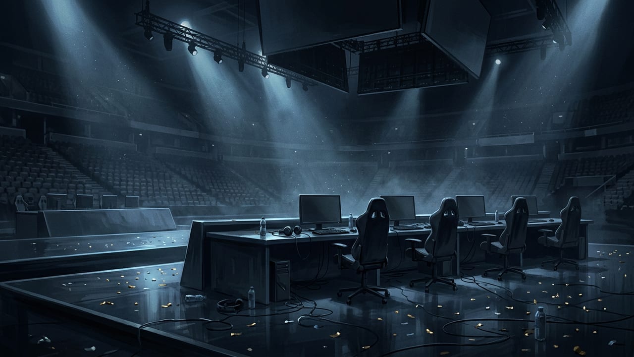 An empty esports stage with five vacant gaming stations under dim blue spotlights