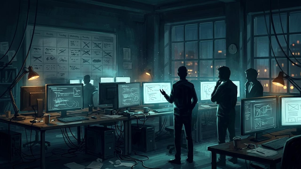 A night-time game studio where developers watch glowing screens as AI redraws art and code