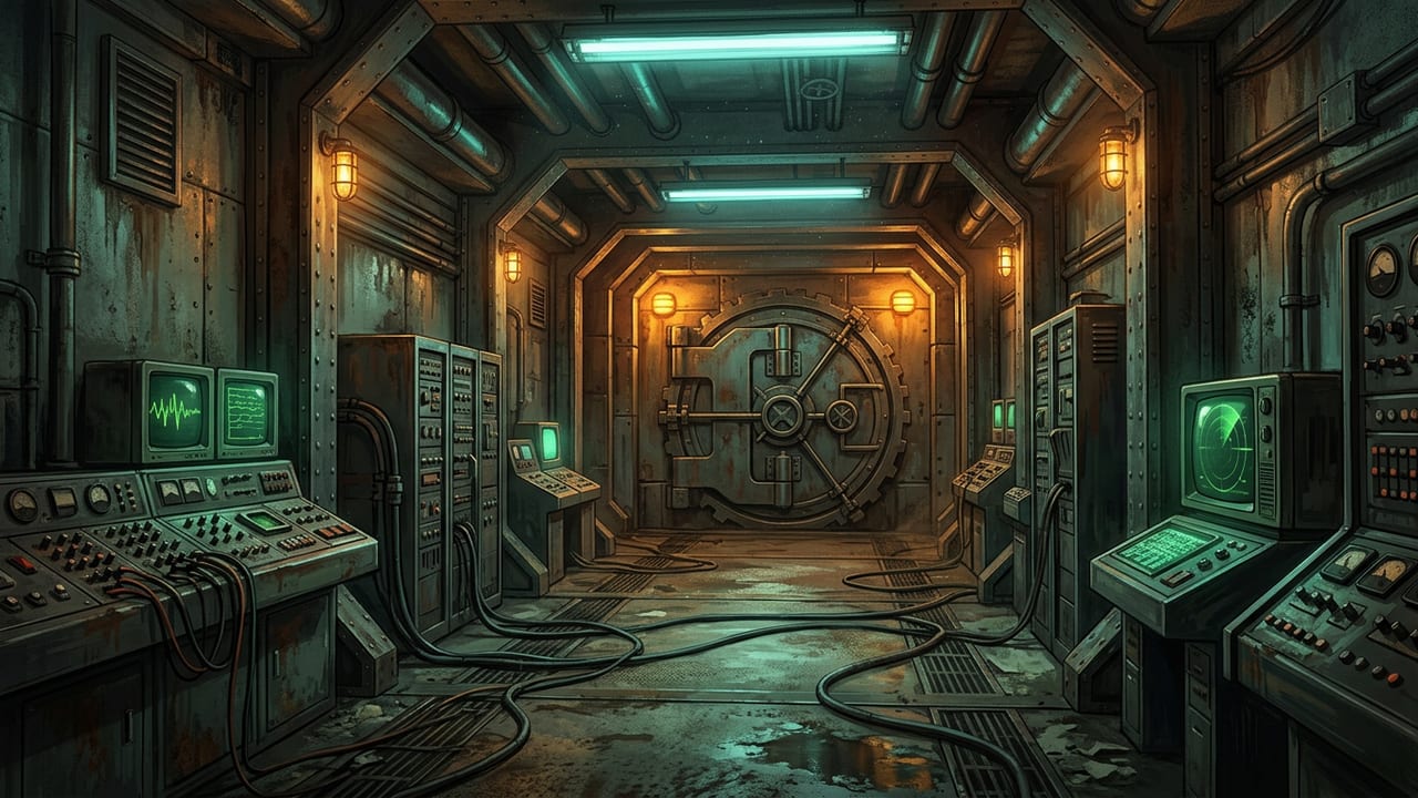 Retro-futuristic underground bunker corridor with a massive circular steel blast door and amber warning lights.