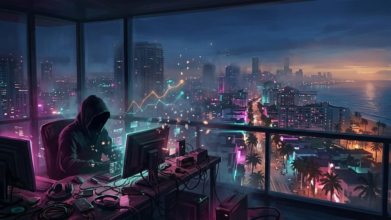 Illustration of a neon tropical city at dusk with a hooded silhouette at a glowing screen