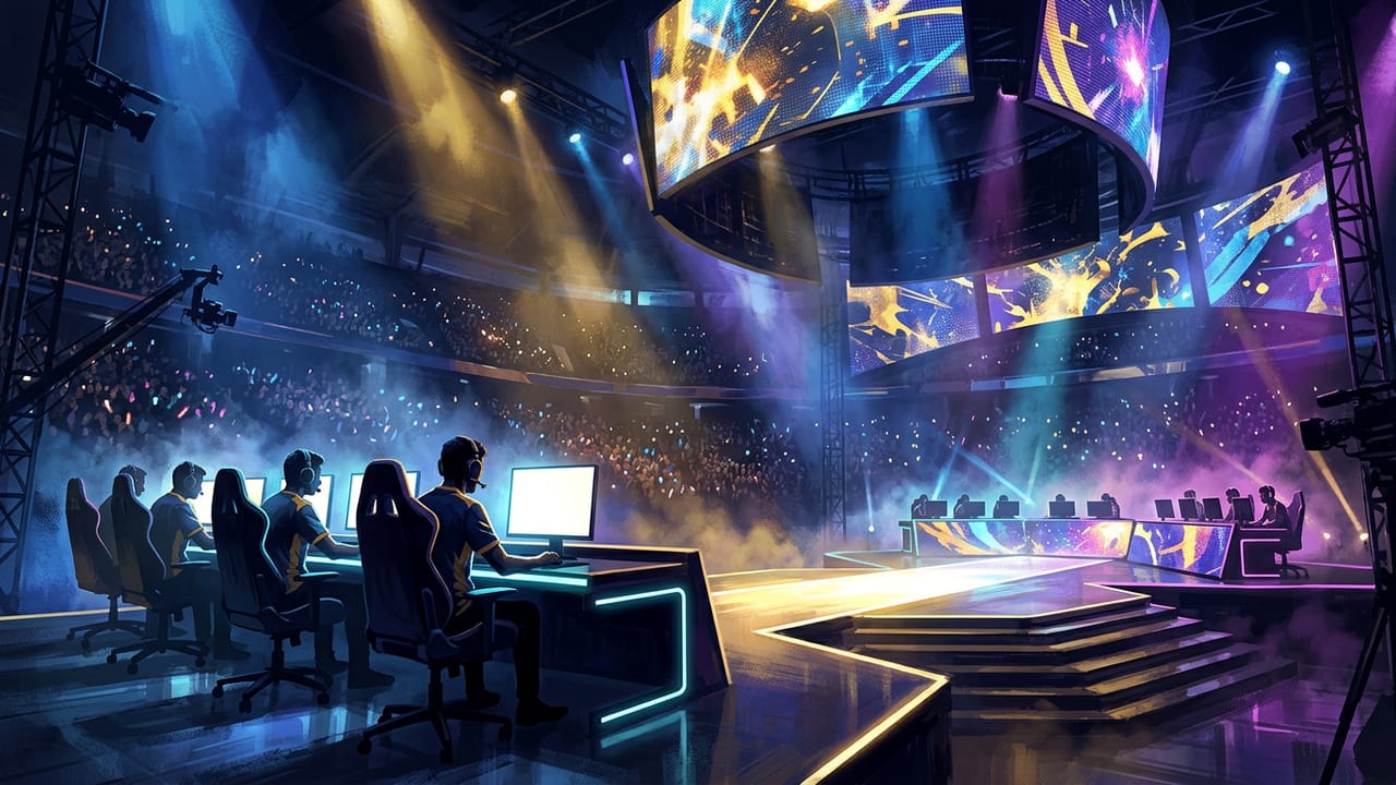 Illustration of a glowing esports arena stage during a high-stakes tournament match