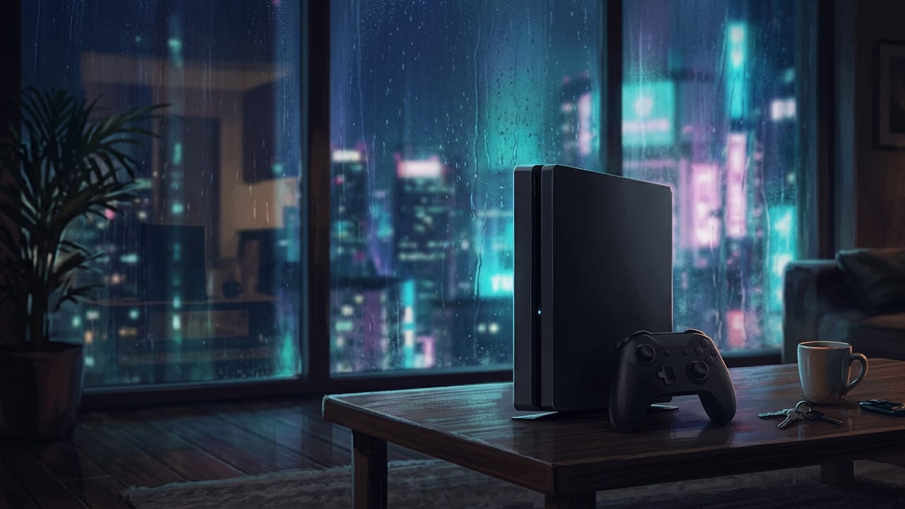 A matte-black game console on a low table in a night-time Tokyo apartment with neon skyline glowing beyond the window
