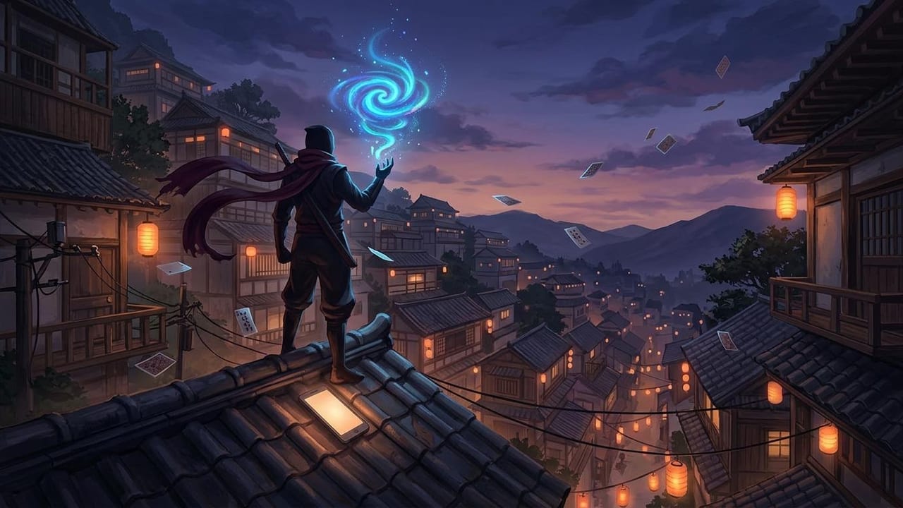 Ninja silhouette on a dusk rooftop with a blue energy spiral, drifting cards and a glowing smartphone