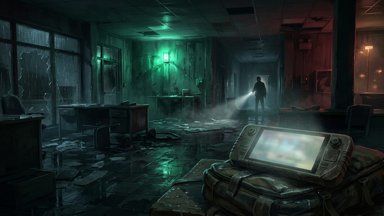 A dark abandoned lobby with flickering green light and a lone silhouette holding a flashlight, in a survival horror mood.