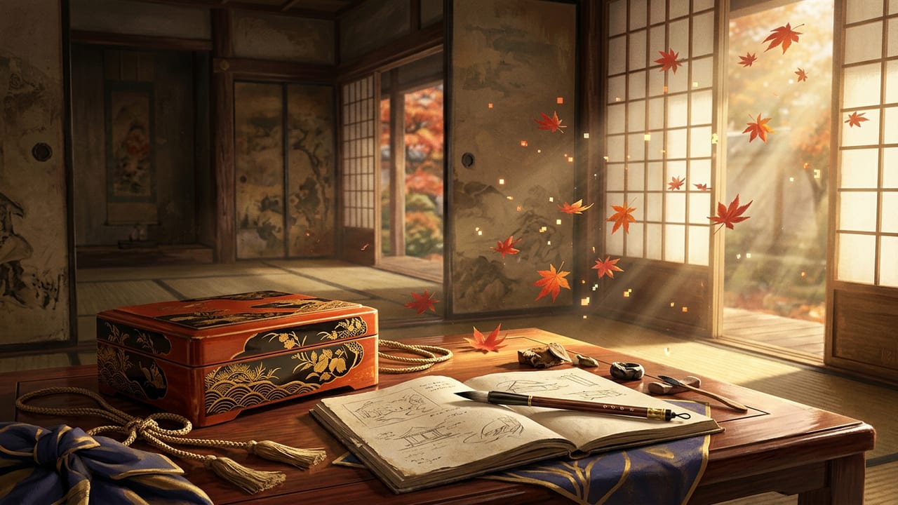 Illustration of a traditional Japanese award box beside a design sketchbook in warm autumn sunlight.