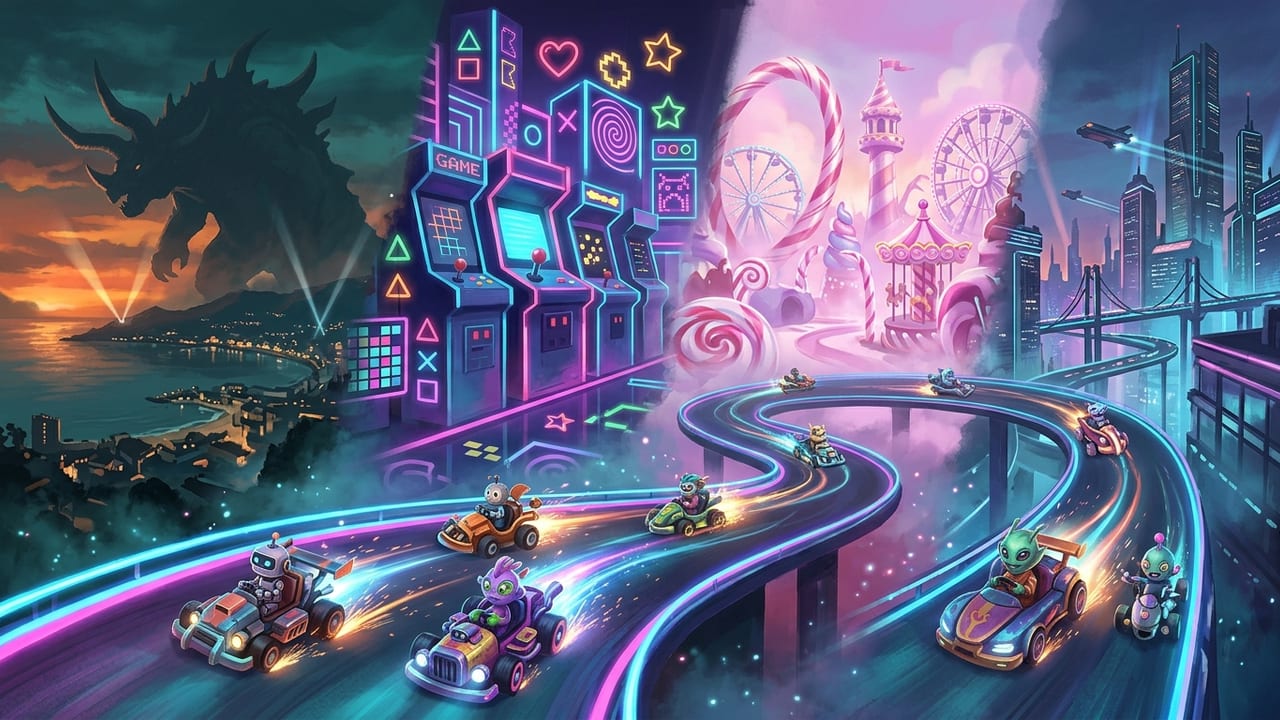 Neon racetrack running through several crossover worlds with stylized cartoon karts at dusk