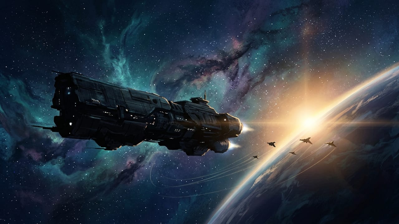 Fighter squadron flying toward a distant planet beside a capital ship in an indigo and amber nebula