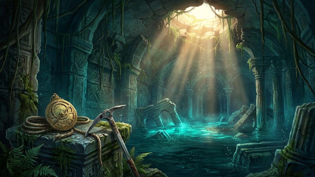 Illustration of a sunken ancient stone temple lit by teal water and sunlight with a climbing pickaxe on a pedestal.