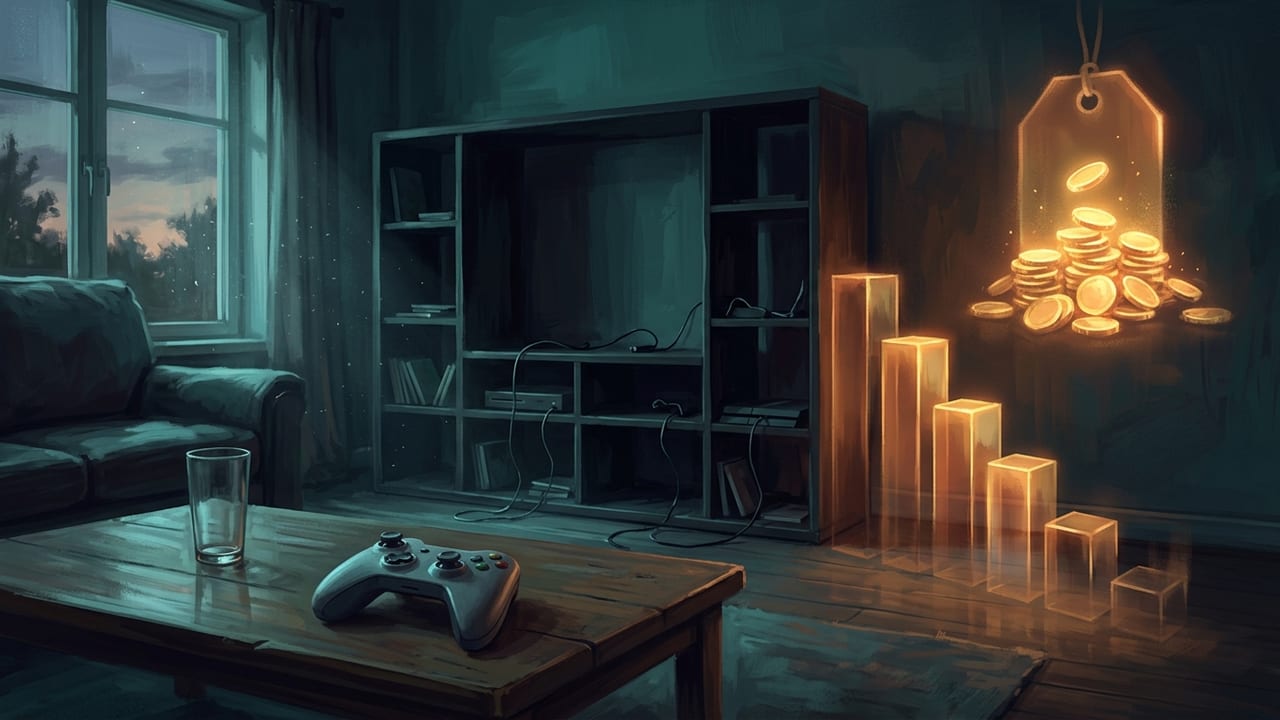Dim living room with a lone controller and an abstract falling chart evoking declining console sales