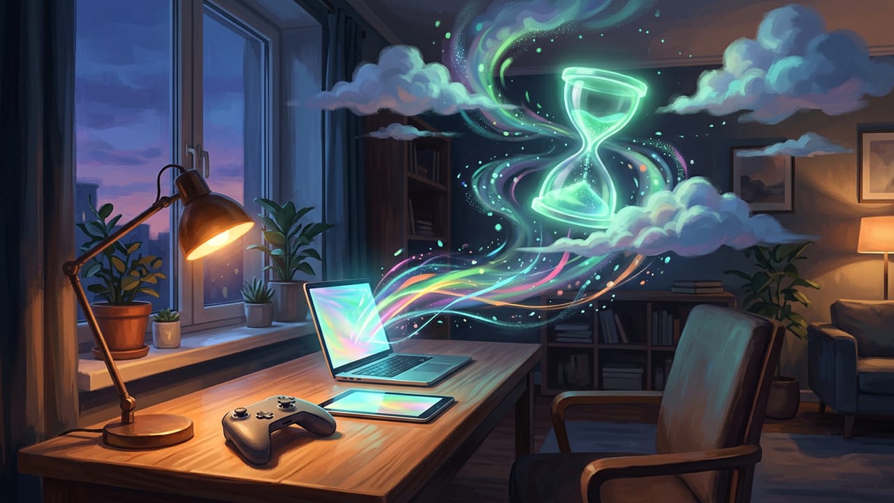 Illustration of a game controller connected to digital clouds and a glowing hourglass representing playtime